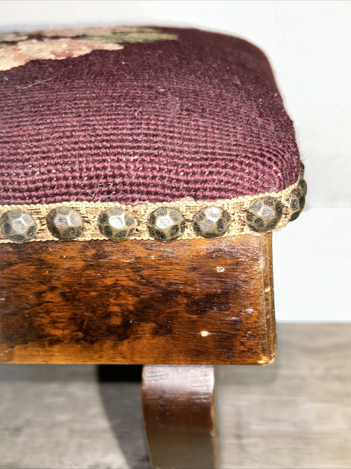 19thC Antique Victorian Stud Accents Footstool Floral Needlepoint Carved Walnut*