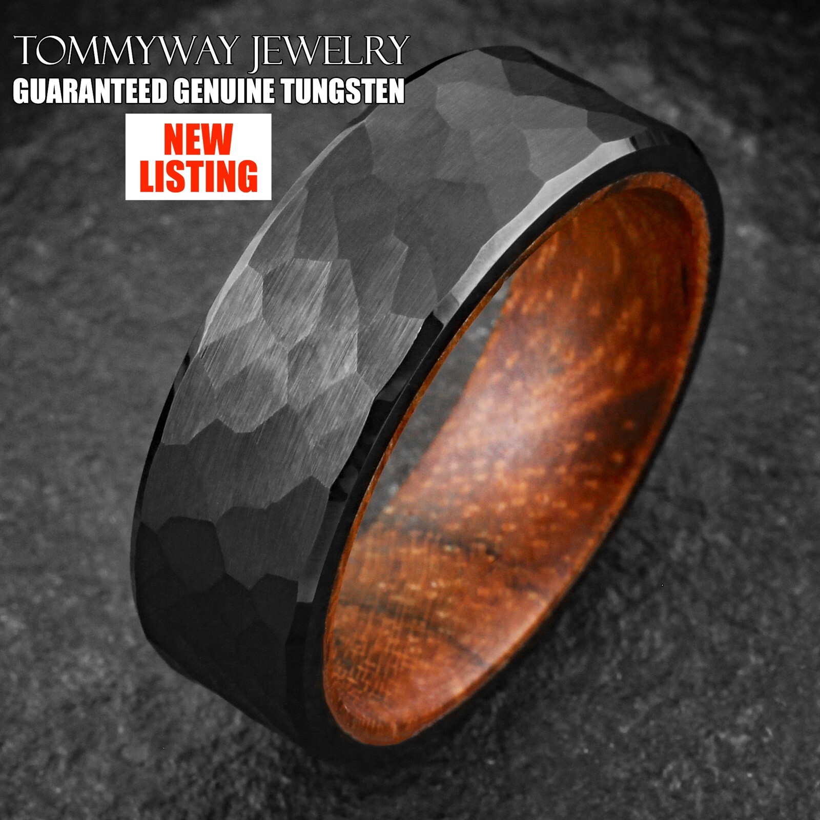 Black Brushed Hammered Tungsten Carbide Ring w/ Rosewood Inside Wedding Band