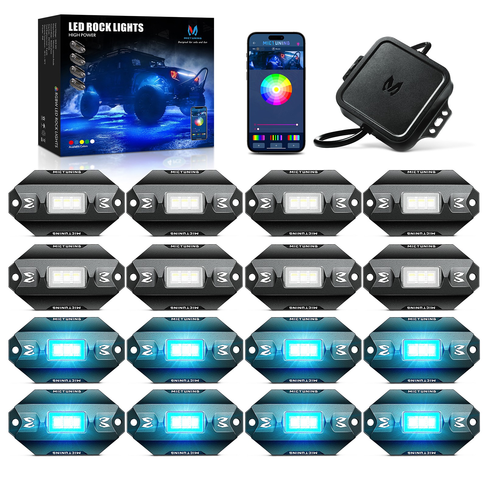 MICTUNING 16 Pods RGBW LED Rock Lights Kits, Underglow Neon Lights for Car Truck