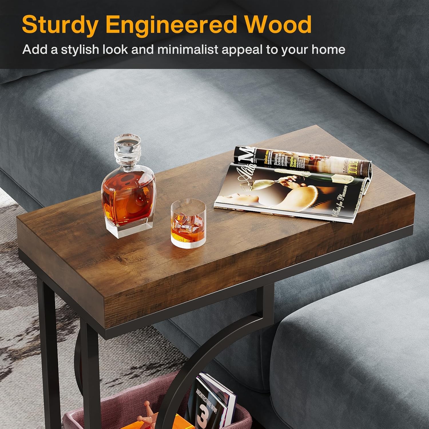 C Shaped End Table, Modern Narrow Side Table with Metal Frame for Living Room