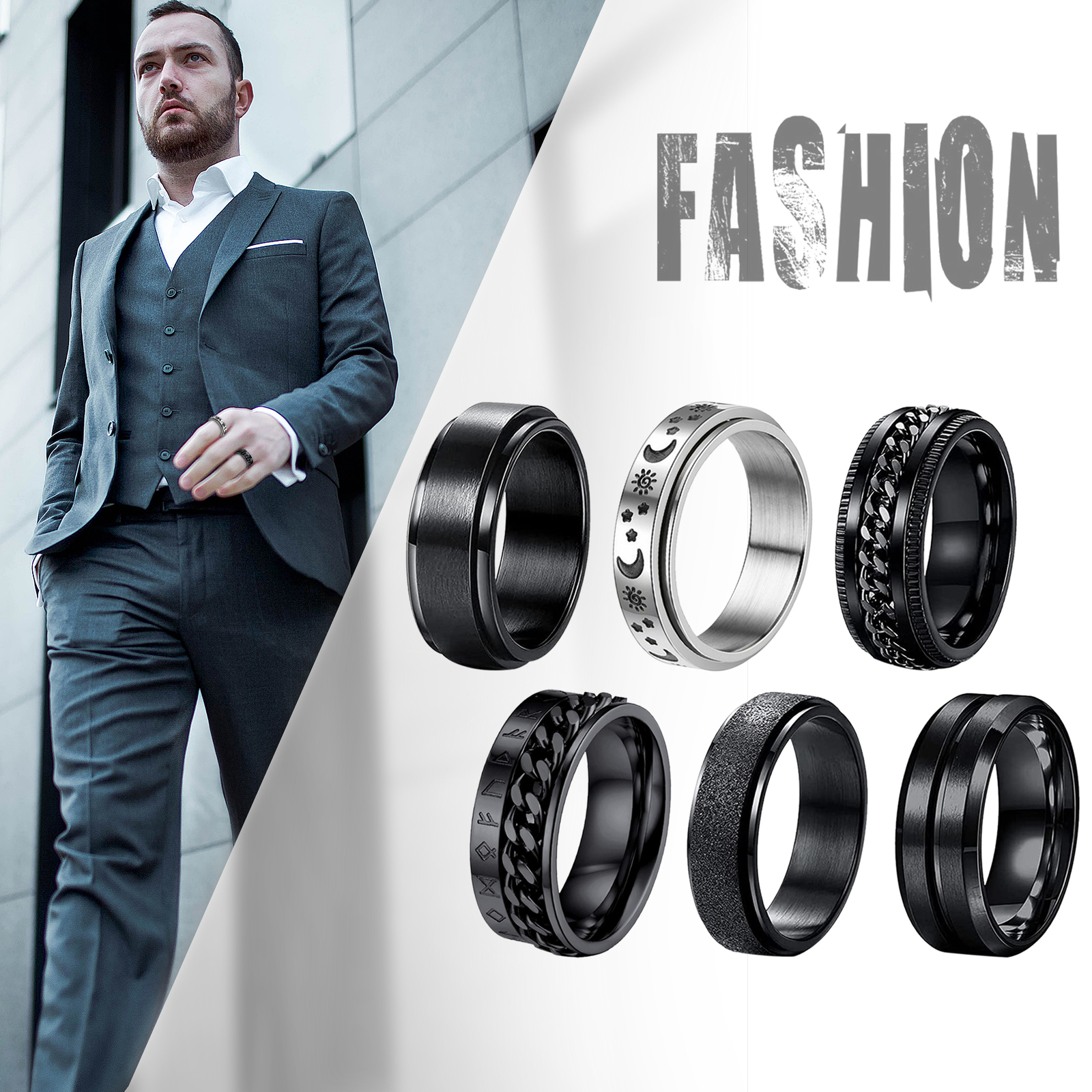6pcs Men Anti-Anxiety Spinner Fidget Ring Band Set Stress Relief Stainless Steel