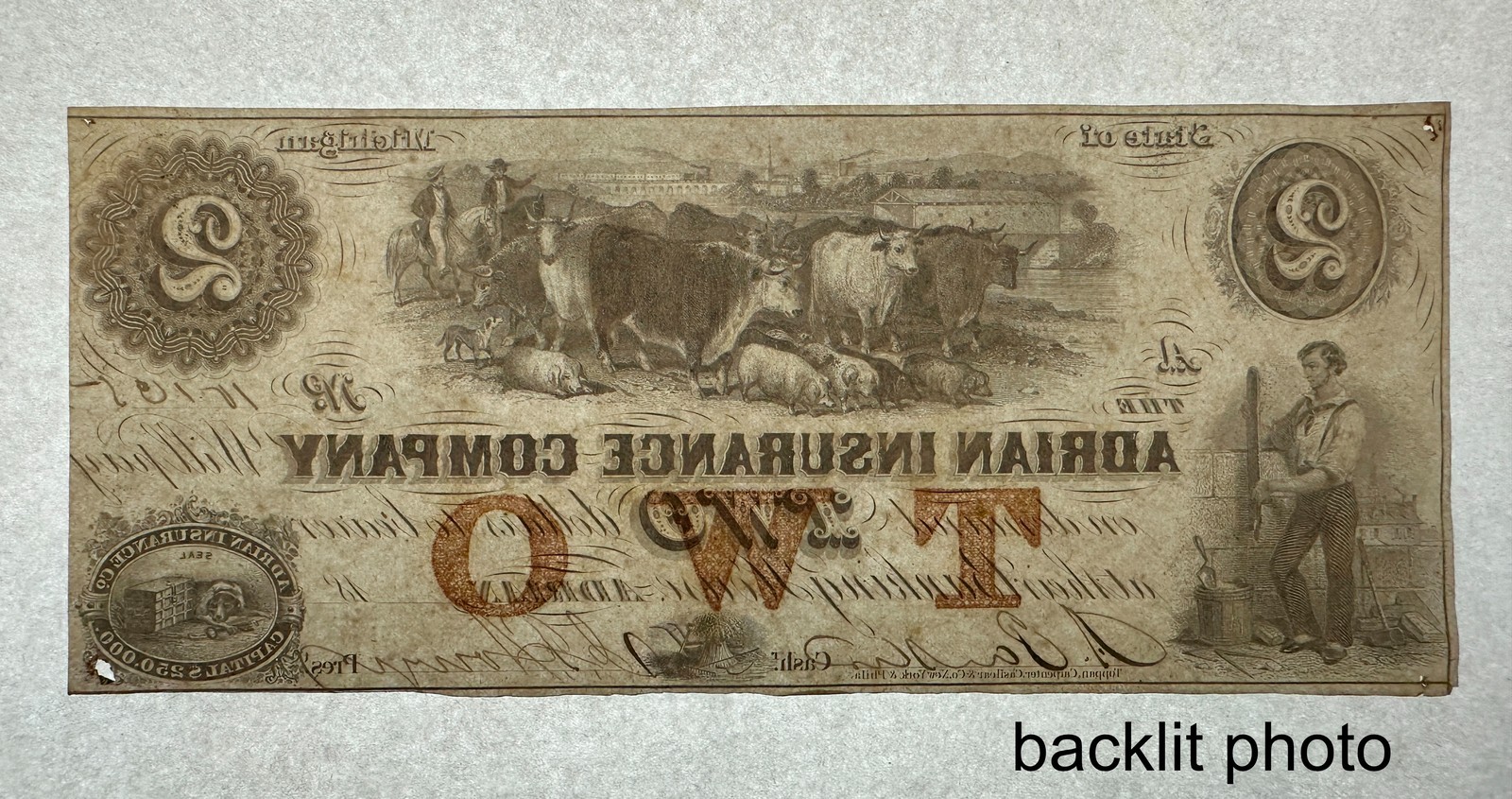 1853 $2 Adrian Insurance Company Michigan Obsolete Bank Note Two Dollars Bill MI