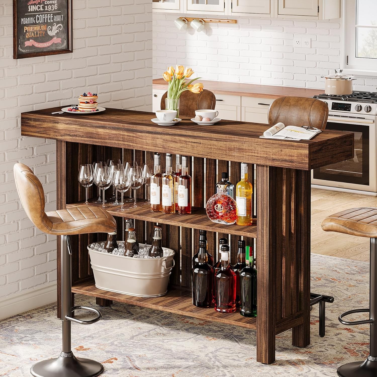 Large 2-Tier Bar Table, 63-Inch Mini Pub Table with Footrest for Kitchen, Bistro
