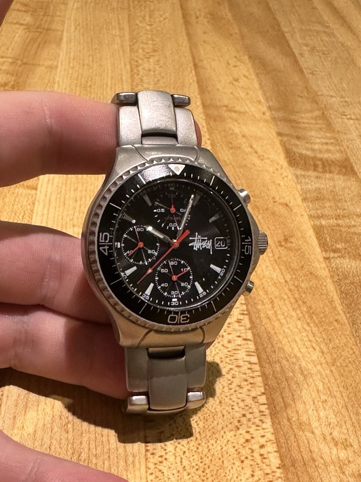 Used STUSSY Tour Master  Silver Wrist Watch Metal Band with Case