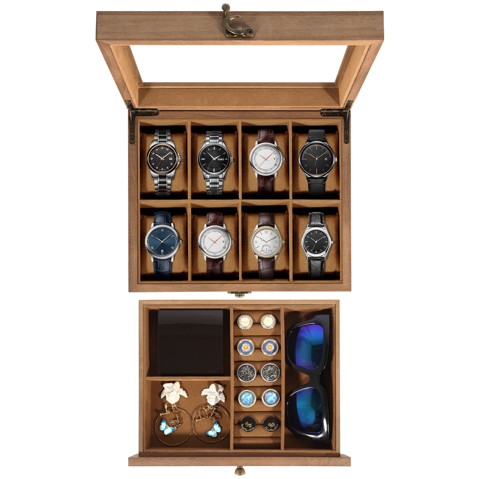 8-10-12 Slot Watch Box Solid Wood Watch Display Case with Glass Lid Watch Holder