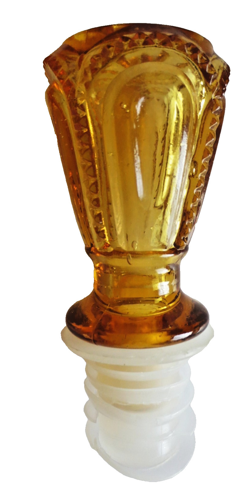 MCM CRYSTAL DECANTER STOPPER AND 5 CORDIAL/SHOT GLASSES AMBER BROWN GLASS VTG