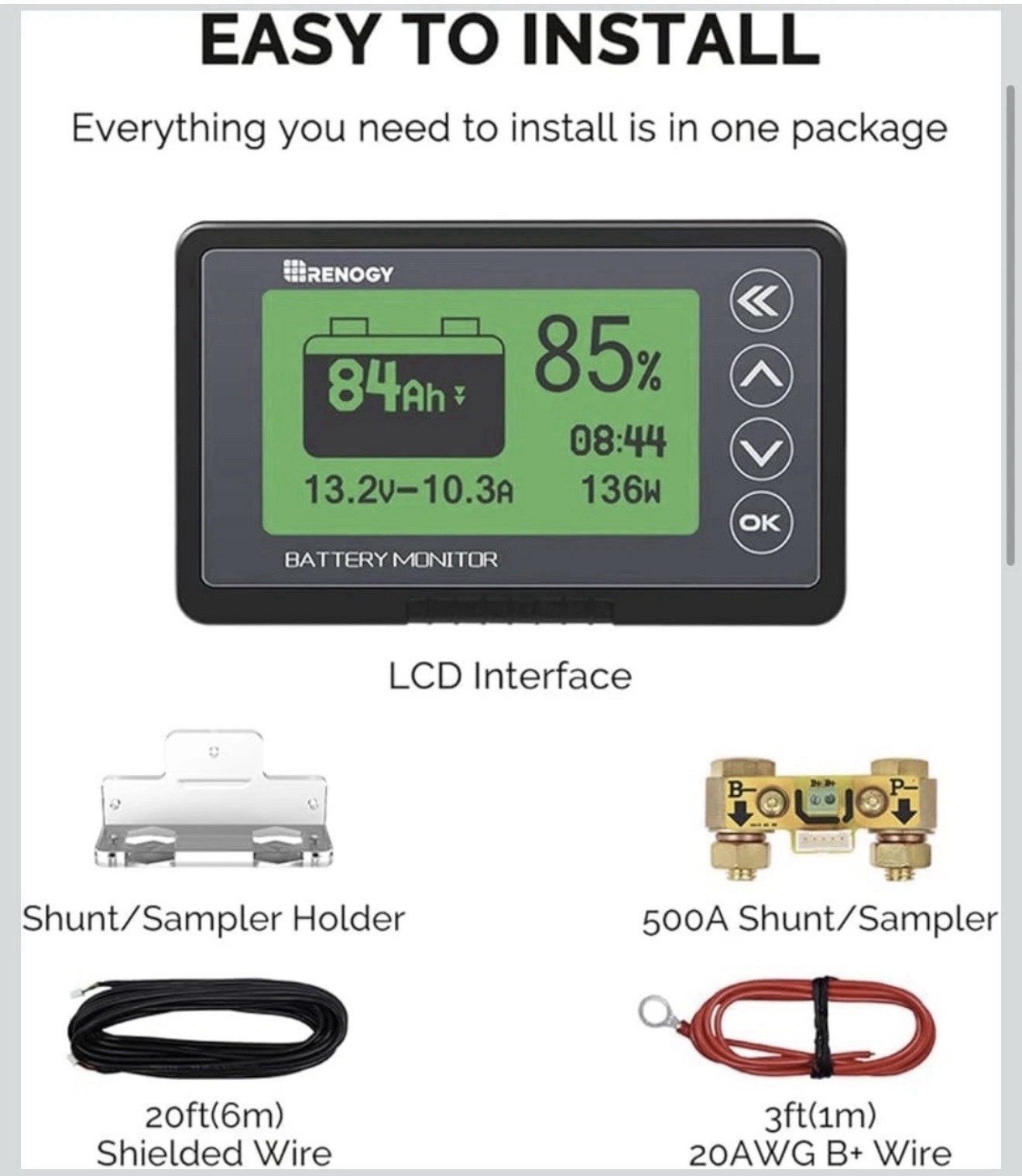 Renogy 500A Battery Monitor High and Low Voltage Programmable Alarm 500A Shunt