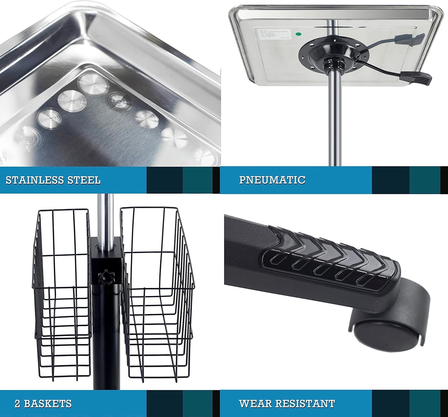 Stainless Steel Instrument Tray on Wheels, Height Adjustable Medical Tray Cart