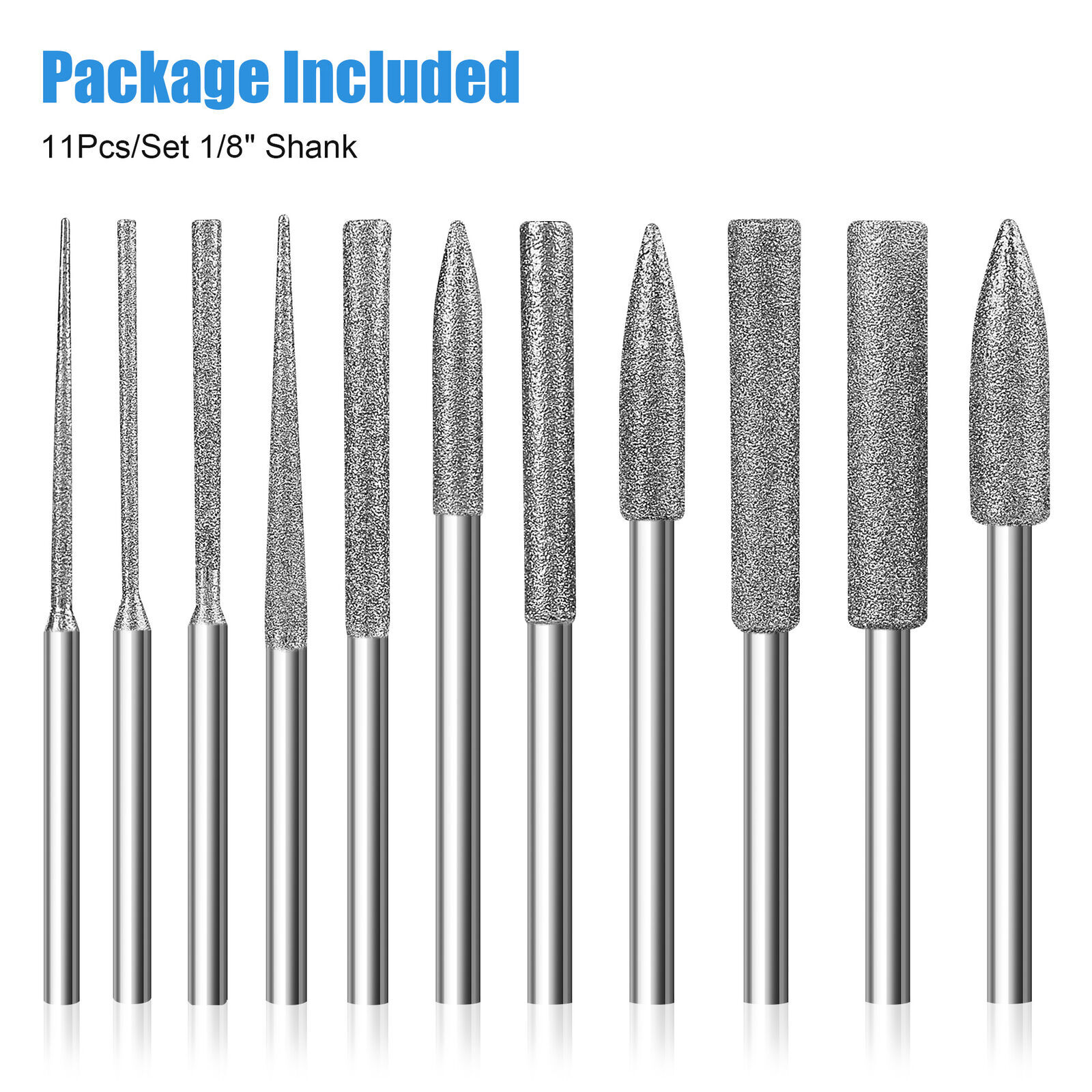 11Pcs Diamond Burr Stone Carving Grinding Bits 1/8" Shank for Dremel Rotary Tool