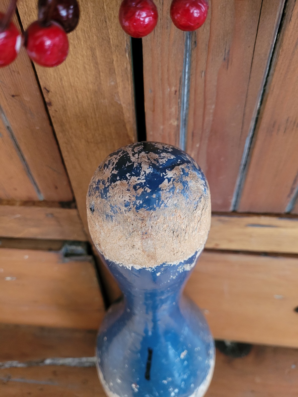 Vintage Primitive Wood Painted Bowling Pin 15" farmhouse