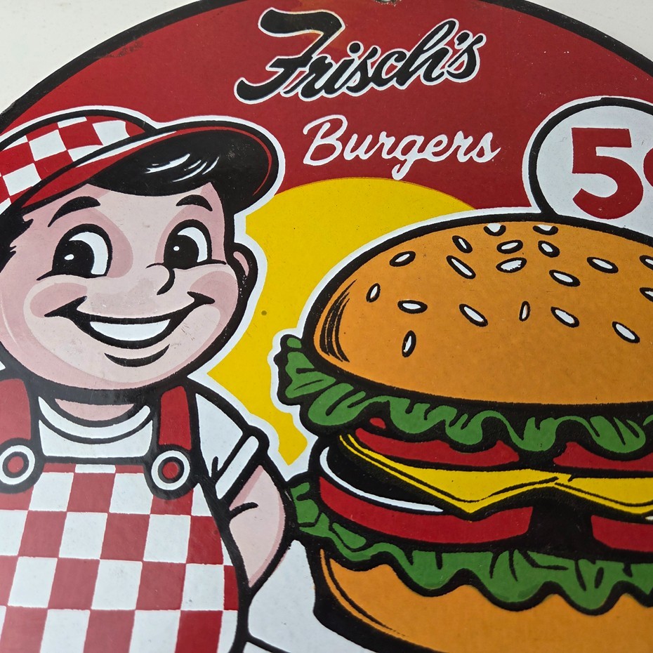 Vintage Big Boy Sign - 5 Cent Frisch's Fast Food Porcelain Gas Pump Sign