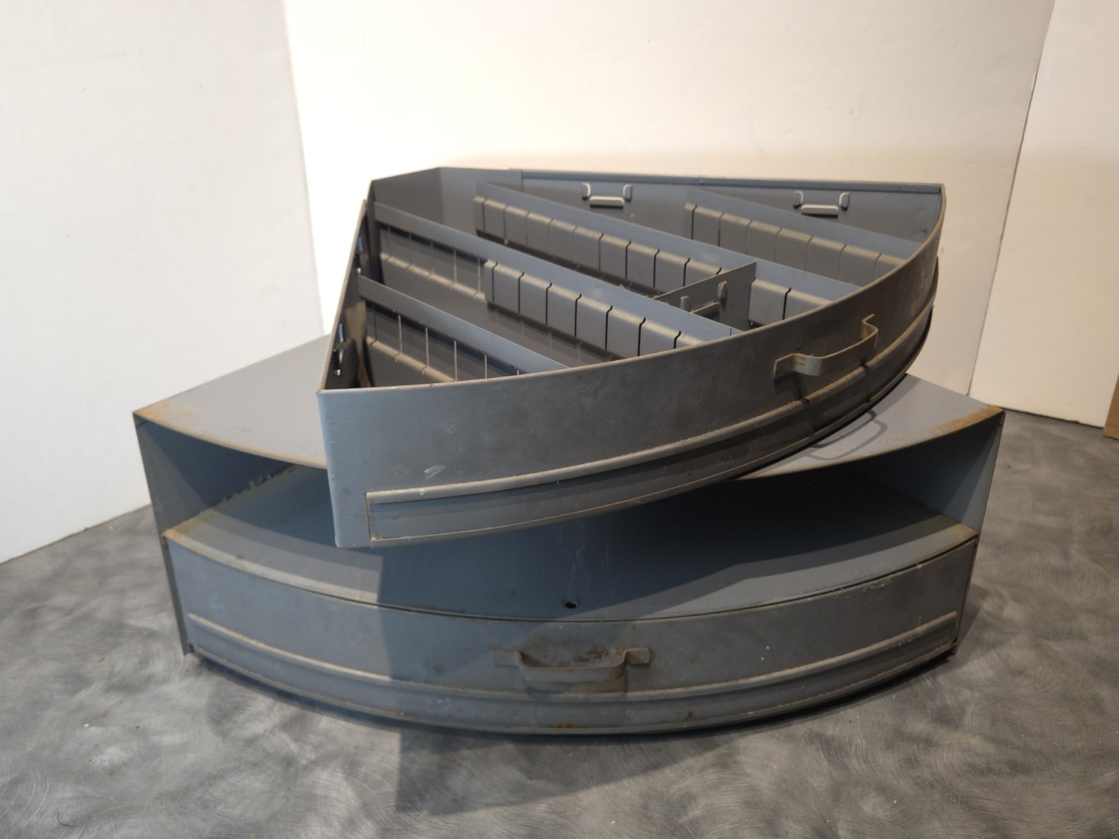 Vintage Industrial Metal Pie Shaped Corner Hardware Parts Bin 3 Drawer Cabinet