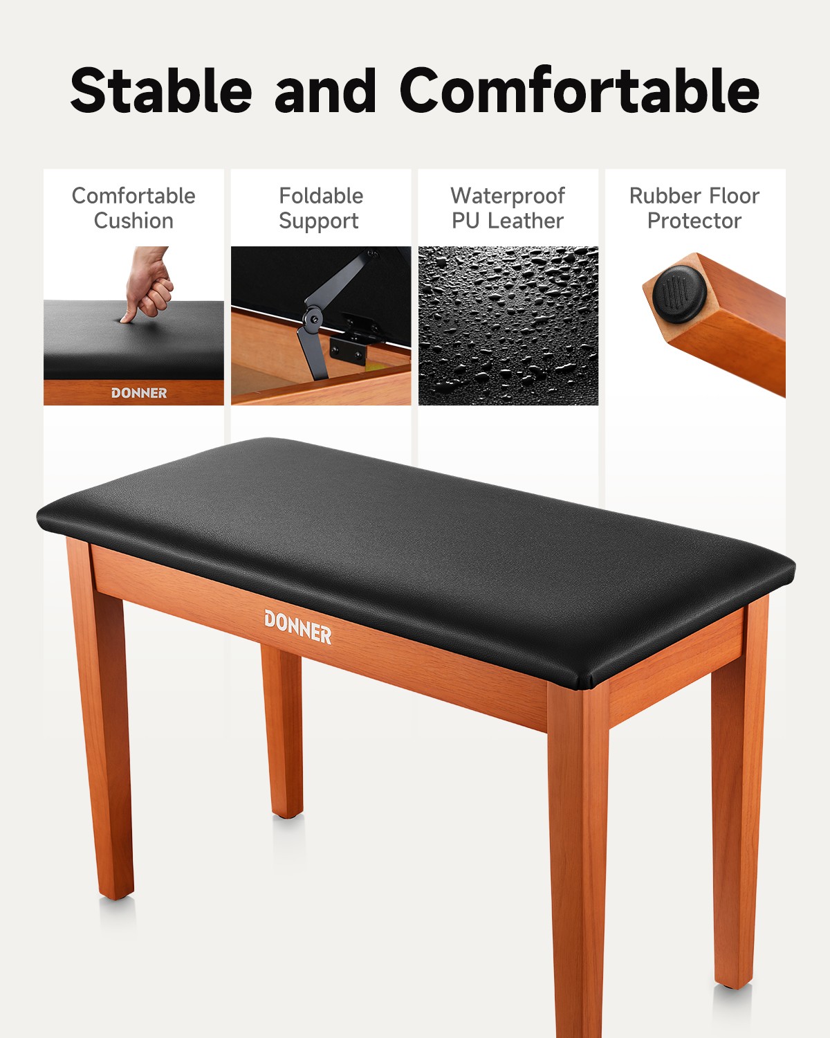 Donner Duet Piano Keyboard Bench with Storage Bookcase Solid Wooden Pad Cushion