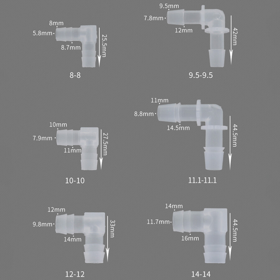 90 Degrees Elbow Hose Joiner Barbed Splicer Plastic Pipe Connector 2.4mm - 20mm