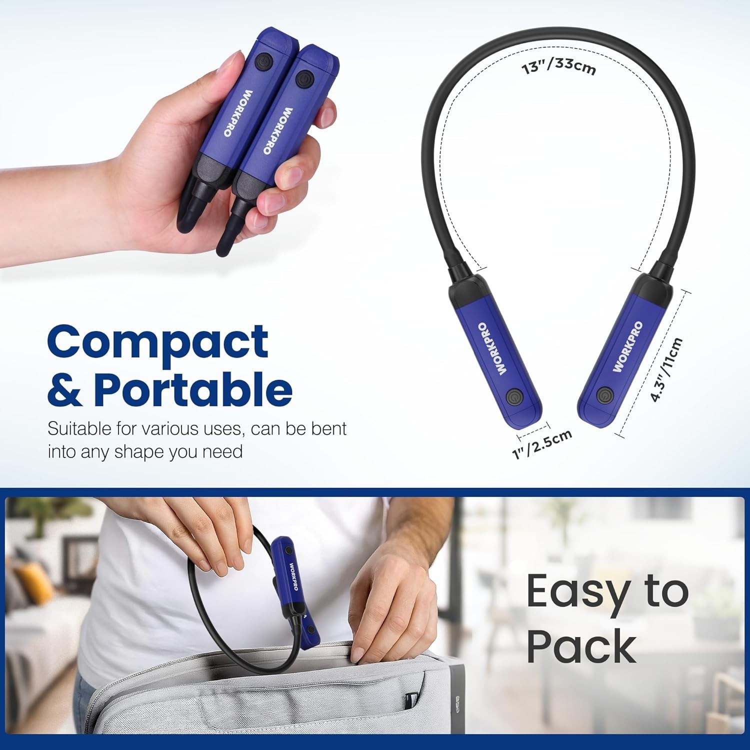 WORKPRO 300LM Rechargeable Neck Light Hands-Free 3 Brightness Level Bendable Arm
