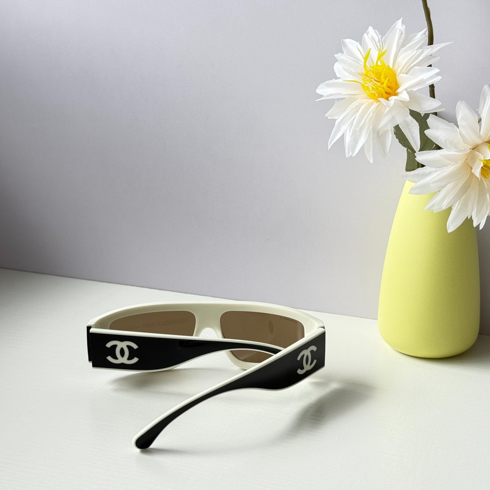 Chanel CH6057 Sunglasses Black/Beige Shield Wrap Brown Lens