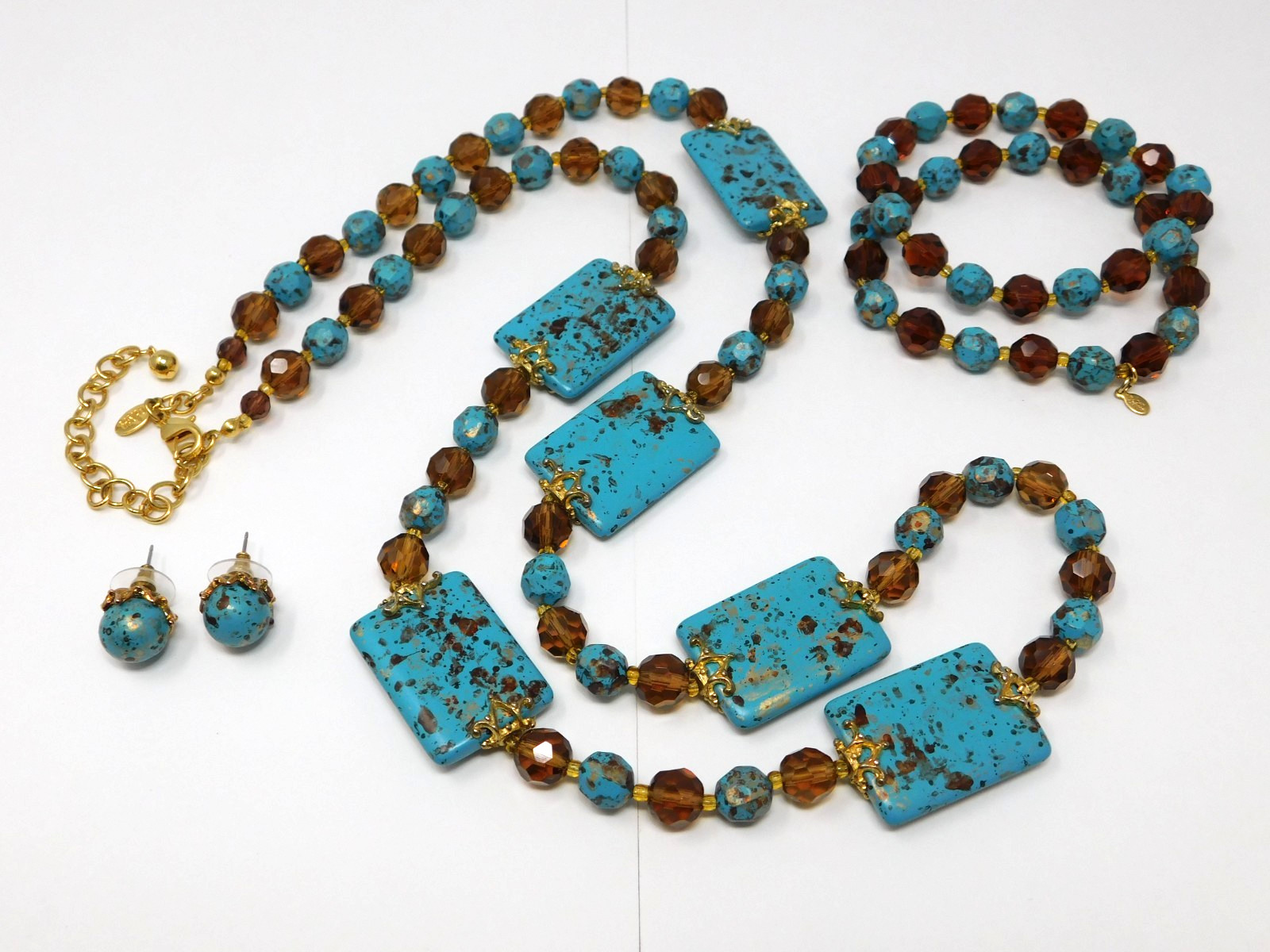 Vintage JOAN RIVERS Faux Turquoise & Amber Glass Necklace Bracelet Earrings Set