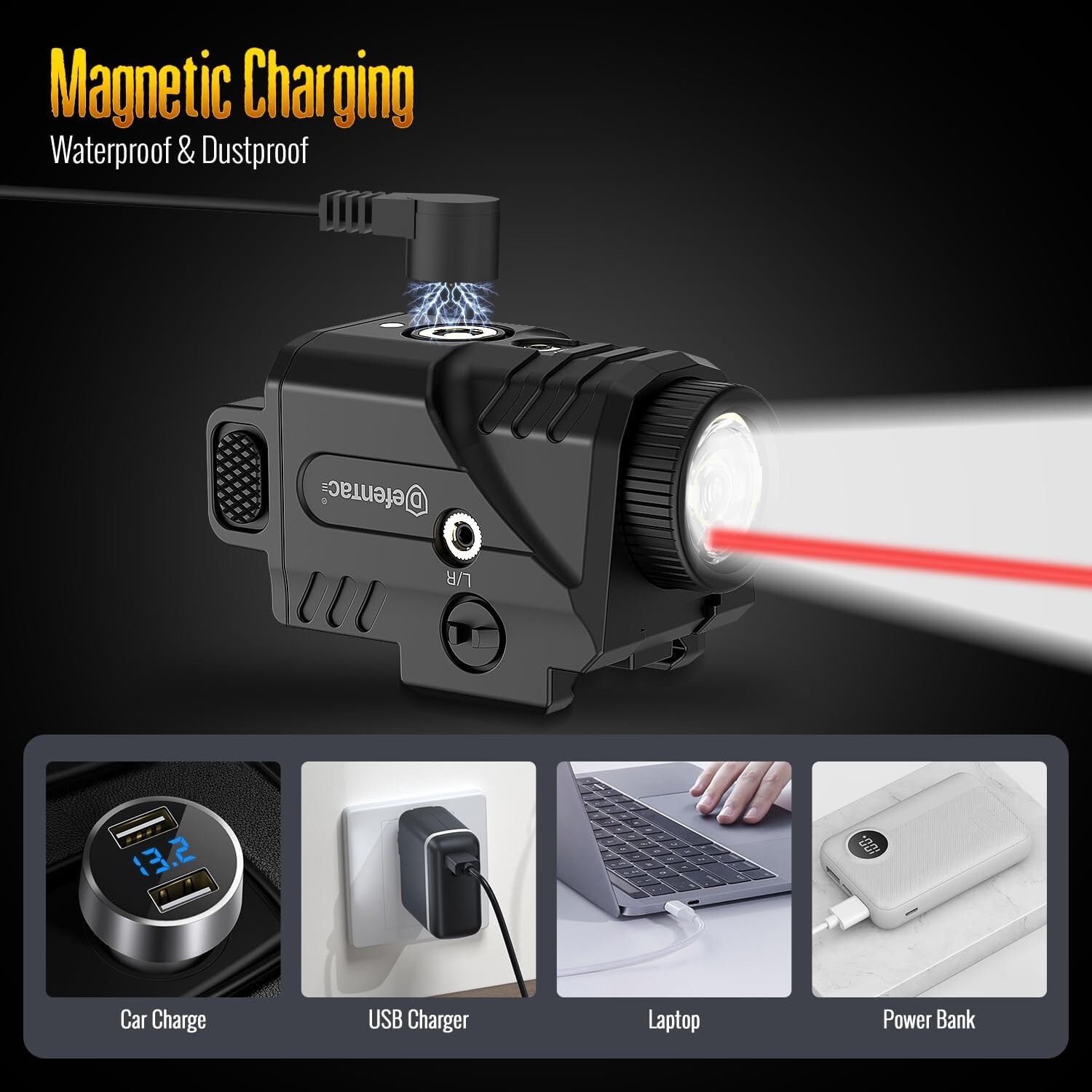 DEFENTAC Magnetic Charging 600lm Flashlight & Red Laser Sight for Picatinny Rail