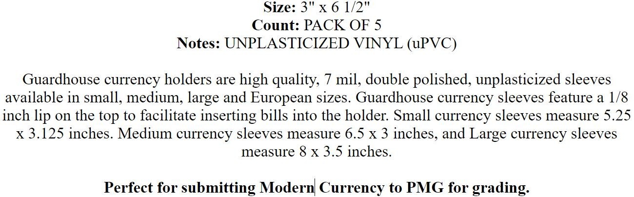 1 - GUARDHOUSE SMALL CURRENCY HOLDER 3 1/8" x 5 1/4" UNPLASTICIZED 7 mil SLEEVES