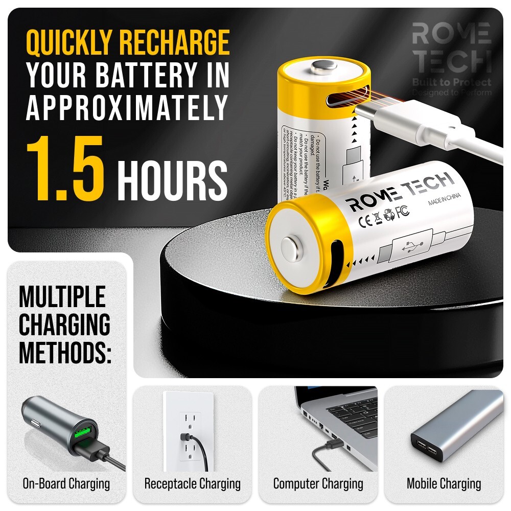 CR123A Rechargeable Batteries 3.7V 700 mAh with USB-C Charging Cable - 4 Pack
