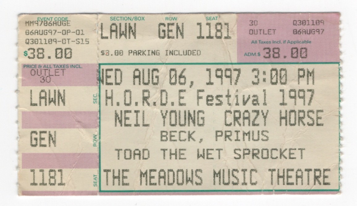 Neil Young Beck Primus Toad the Wet Sprocket 8/6/97 Hartford CT Ticket Stub