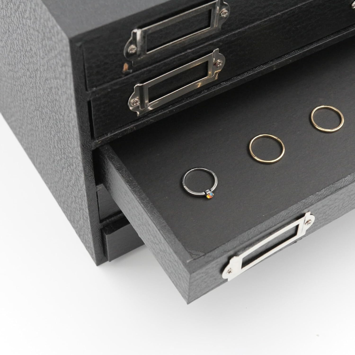 Jewelry Storage Organizer Case Cabinet 5 Drawer Black Faux Leather 15" x 8"