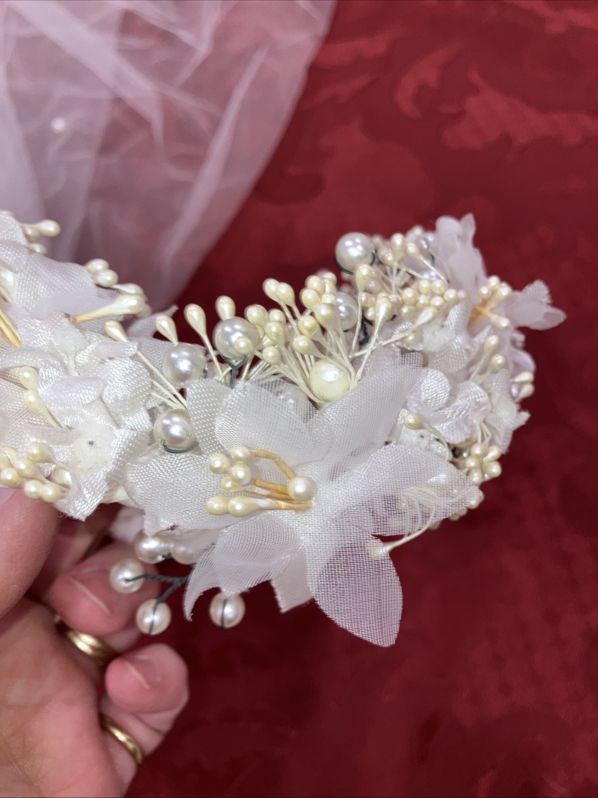 Beautiful Vintage Bridal Veil W/ Flowers And Pearls Headdress And White Netting