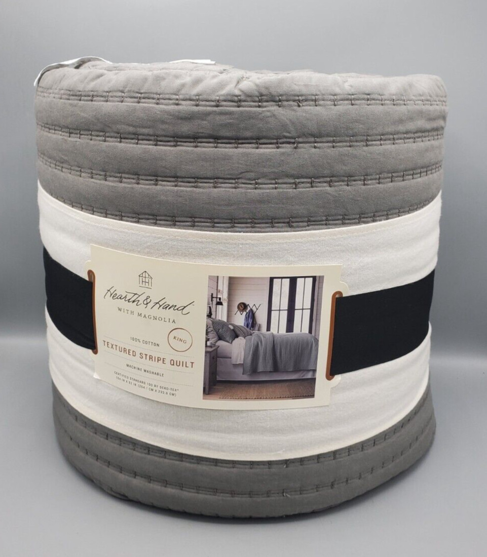 Hearth & Hand Magnolia KING Texture Stripe Quilt Radiant Gray Comforter NEW