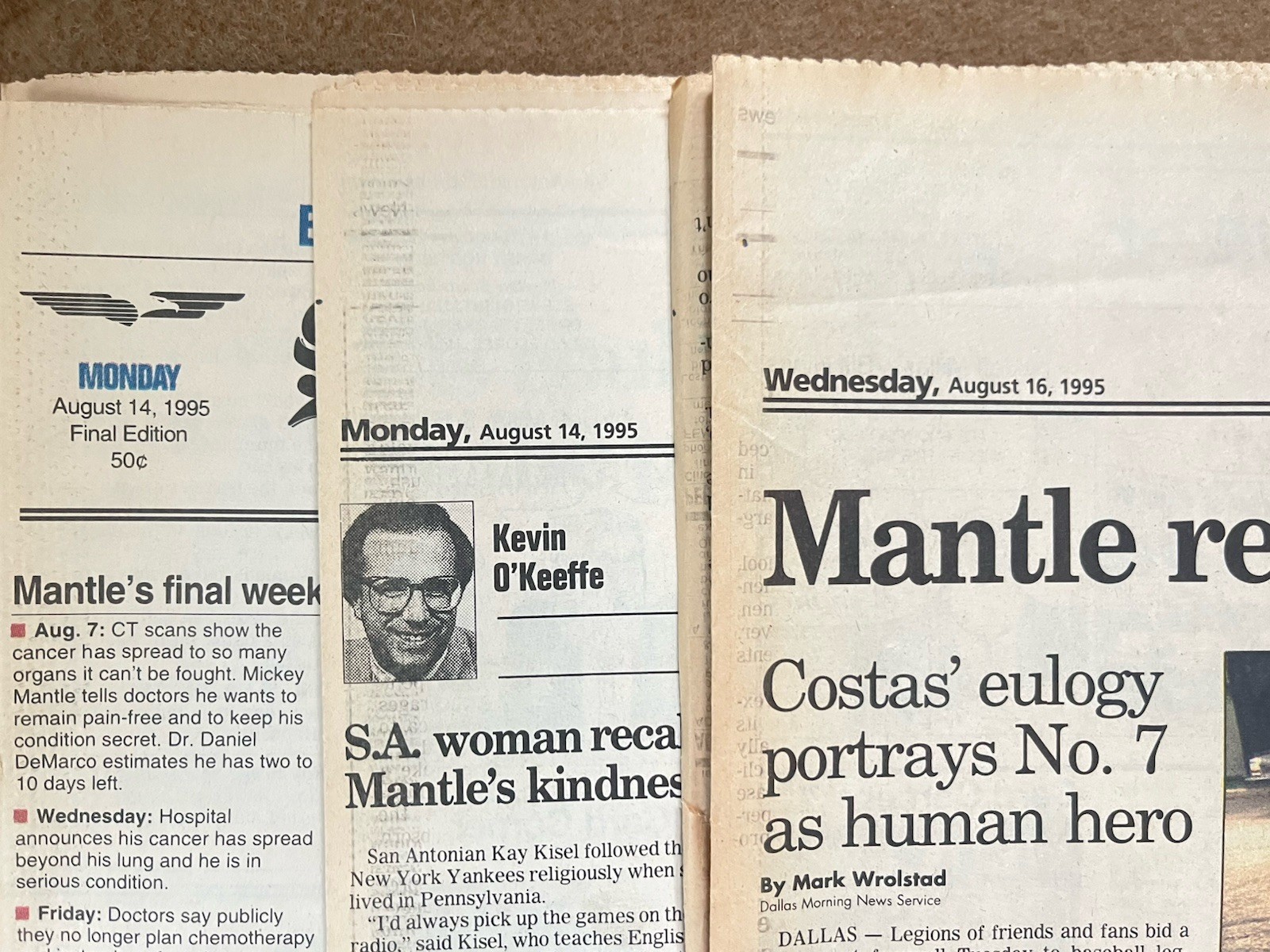 Vintage newspapers Mickey Mantle’s Death San Antonio Express Aug 14 & 16, 1995