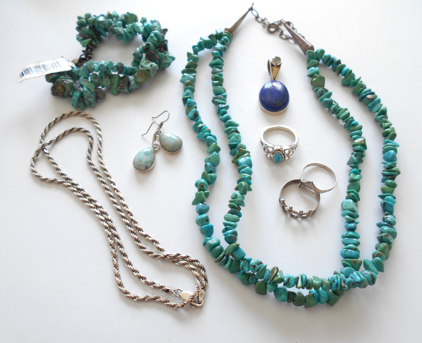 Lot of 8 Pieces Sterling Turquoise, Lapis, Larimar Jewelry Lot #5 130 Grams