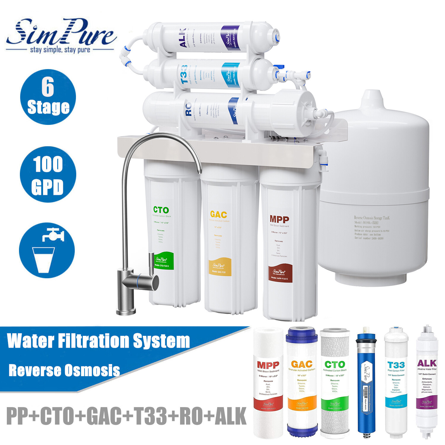 6 Stage 100 GPD Reverse Osmosis System Alkaline Drinking Water Filter Purifier