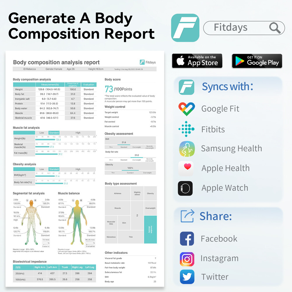 8 Electrode Smart Body Fat Scale Full Body Composition Analyzer with Report New