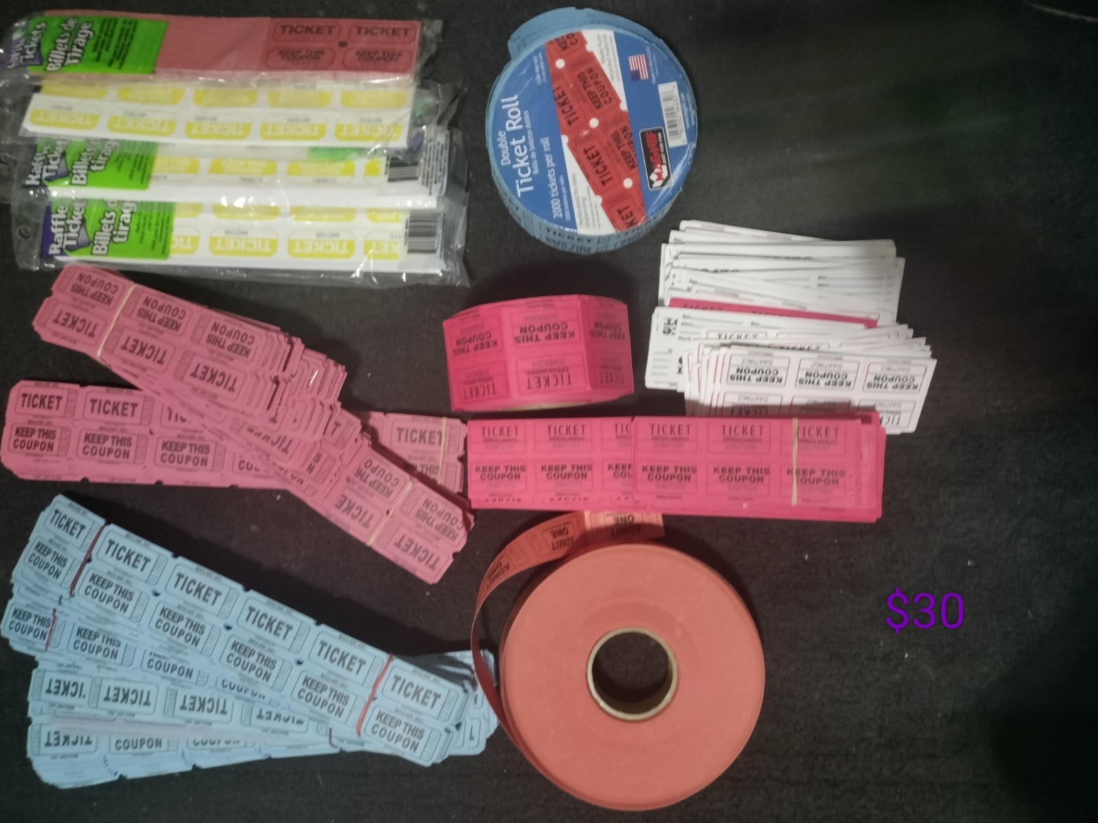 Double Stub Raffle Tickets - Lot Of 3 - Full And Partial Rolls -  Un-Used
