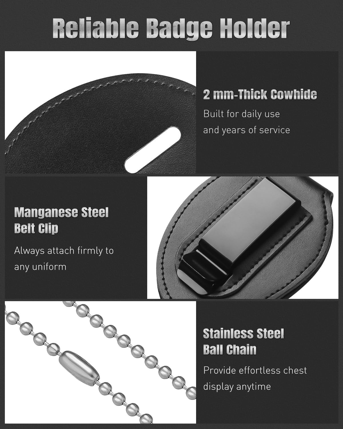 Police Badge Holder, Cowhide Law Enforcement Badge Holder with Metal Belt Clip