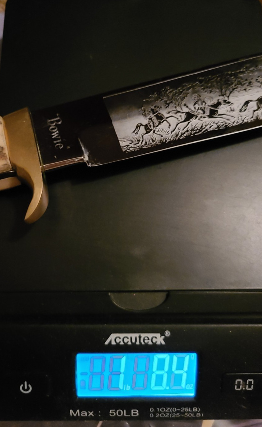 Large About 1 1/2 Pound Stag Bowie Indian Hunting Buffalo Scene Germany Chrome