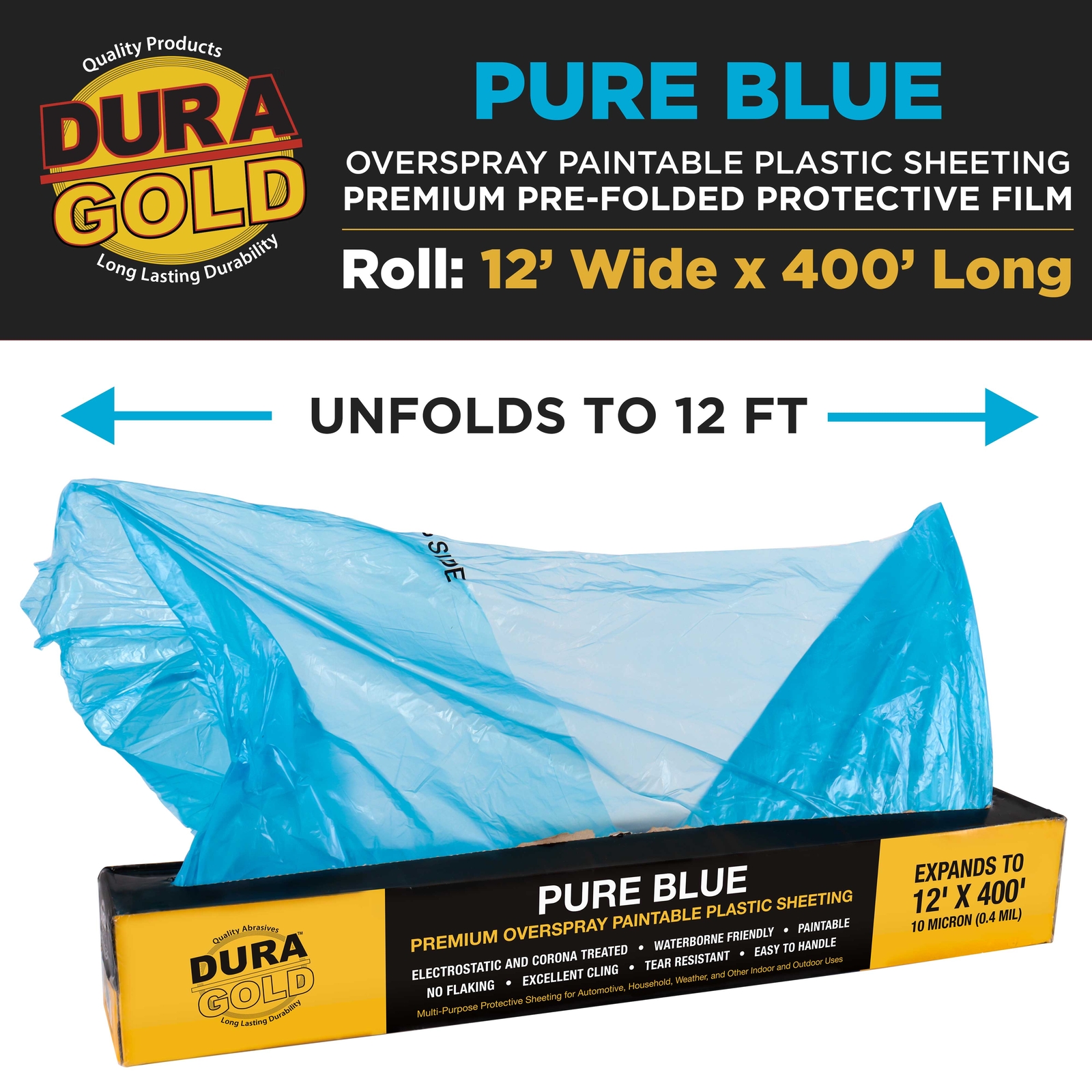 Dura-Gold 12' x 400' Roll Pure Blue Premium Overspray Paintable Plastic Sheeting