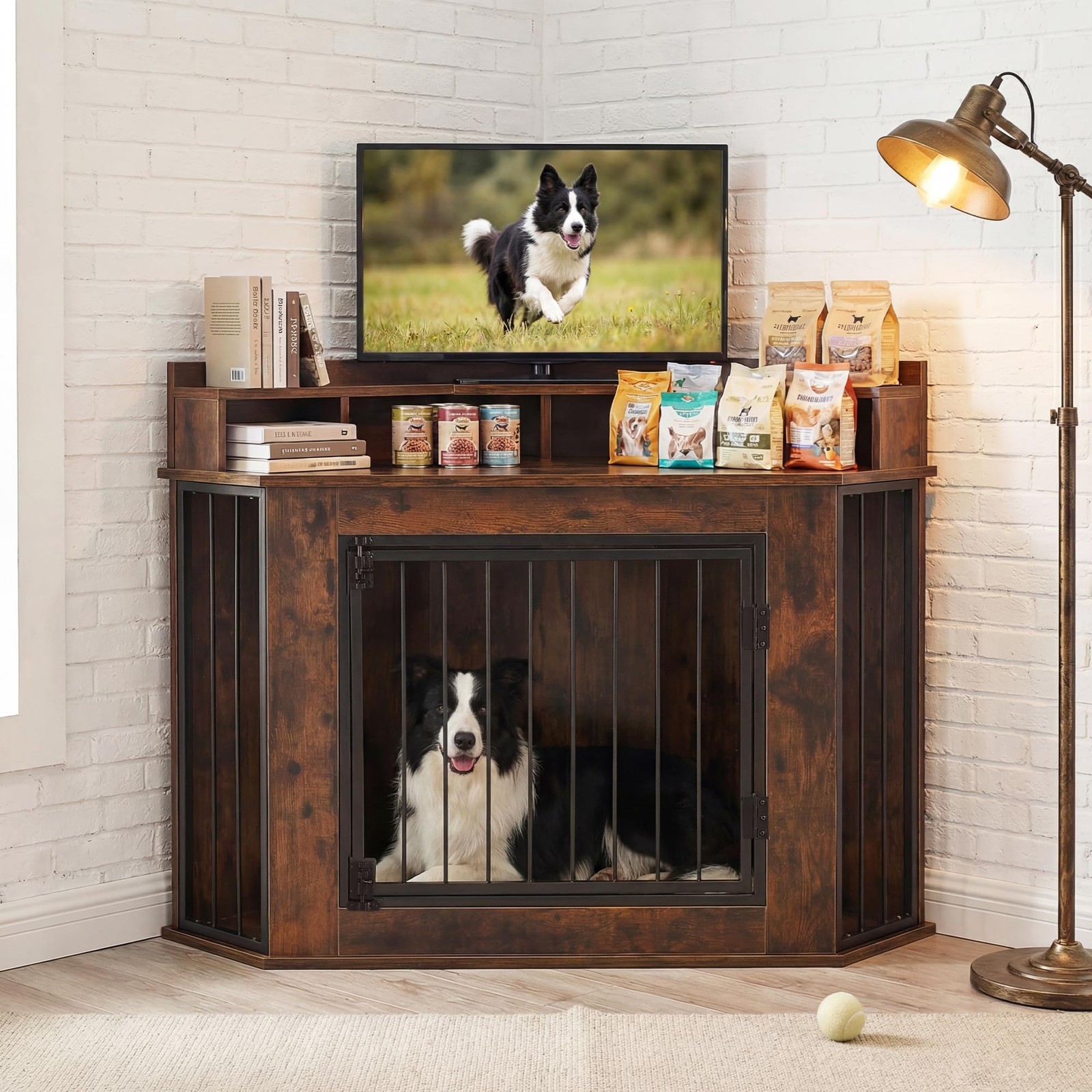 Corner Dog Crate Furniture Wooden 2-Tier Storage Shelves Anti-Chew TV Stand
