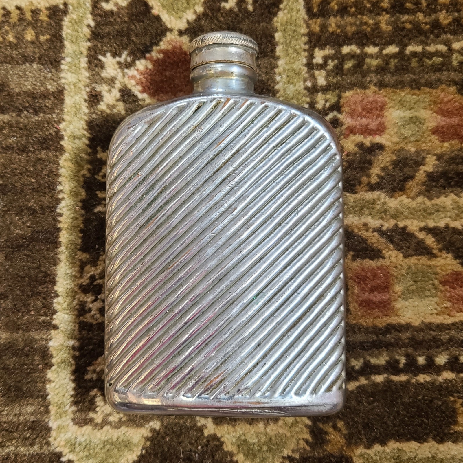Antique Silver & Copper Plated Glass Ribbed Hip Flask 5-3/8" Tall Vintage