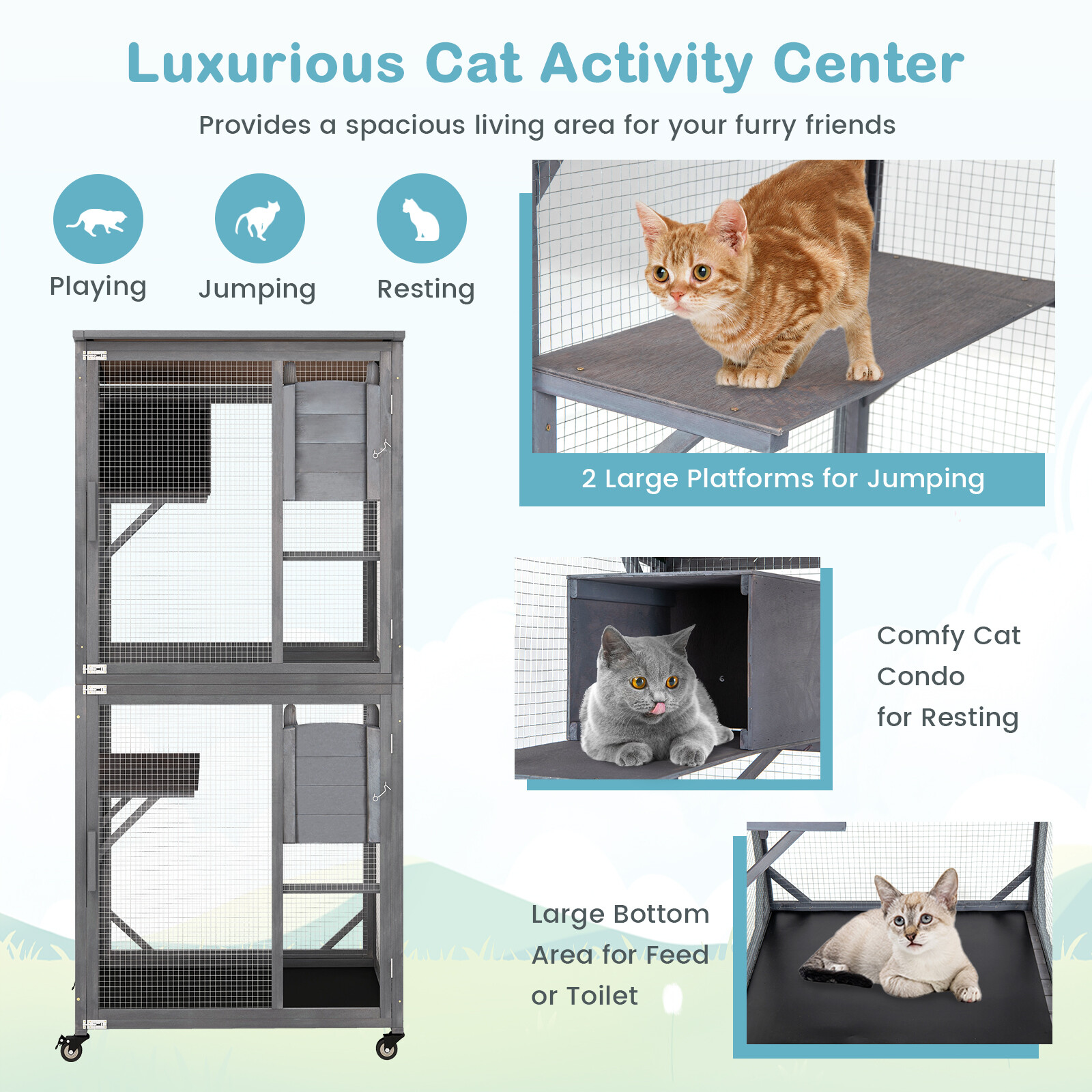 72" Wooden Cat House Indoor Outdoor Kitten Enclosure Kennel Condo on Wheels Grey