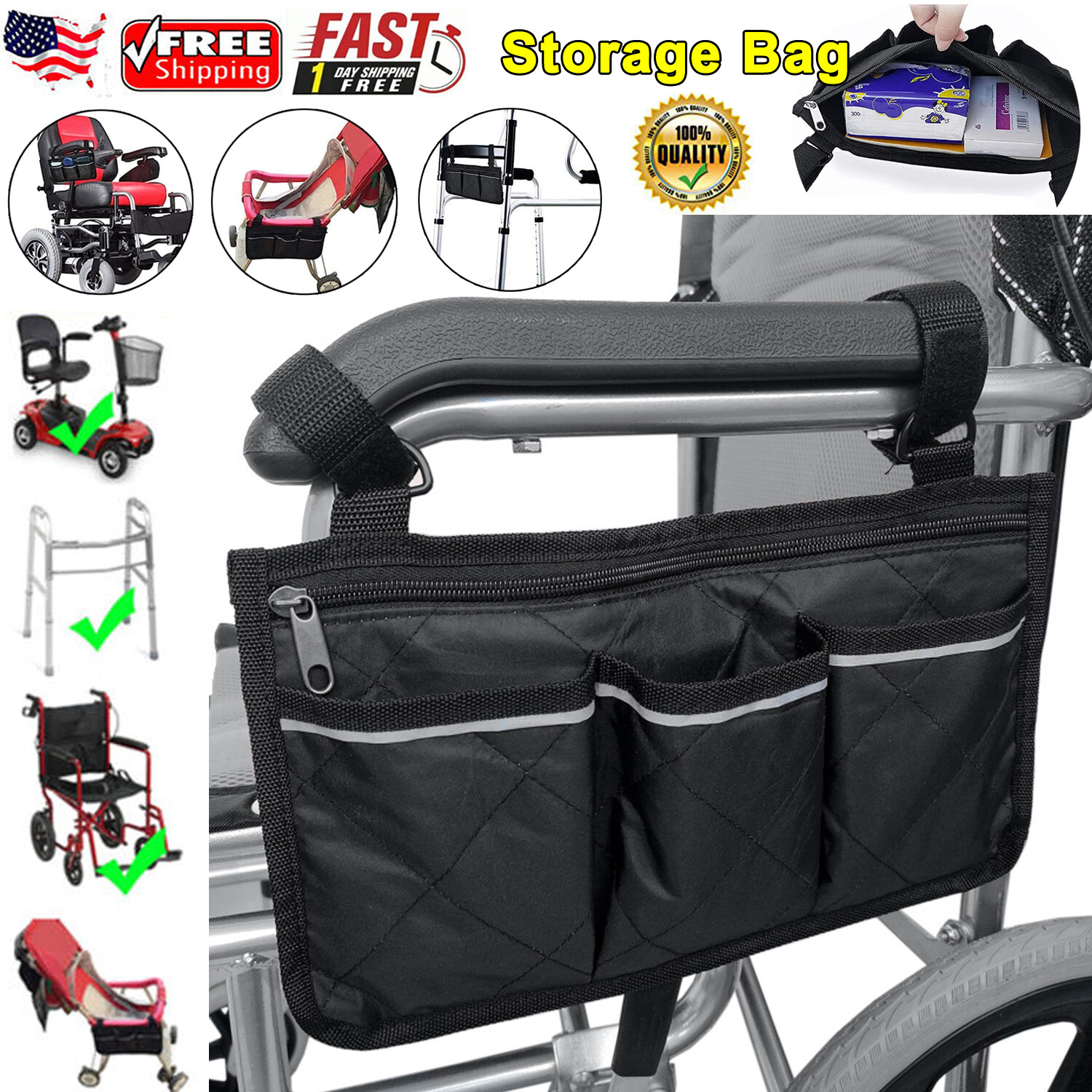 3X Wheelchair Side Pouch Storage Bag Armrest Pocket Organizer Holder Pocket US