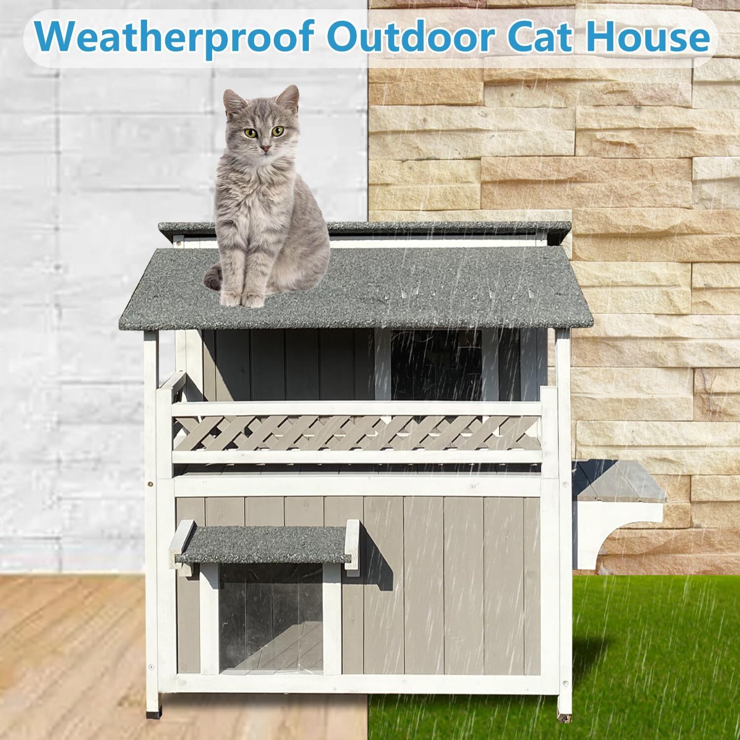 Two Story Cat House Outdoor Wooden Feral Cat Shelter with Balcony & Escape Door