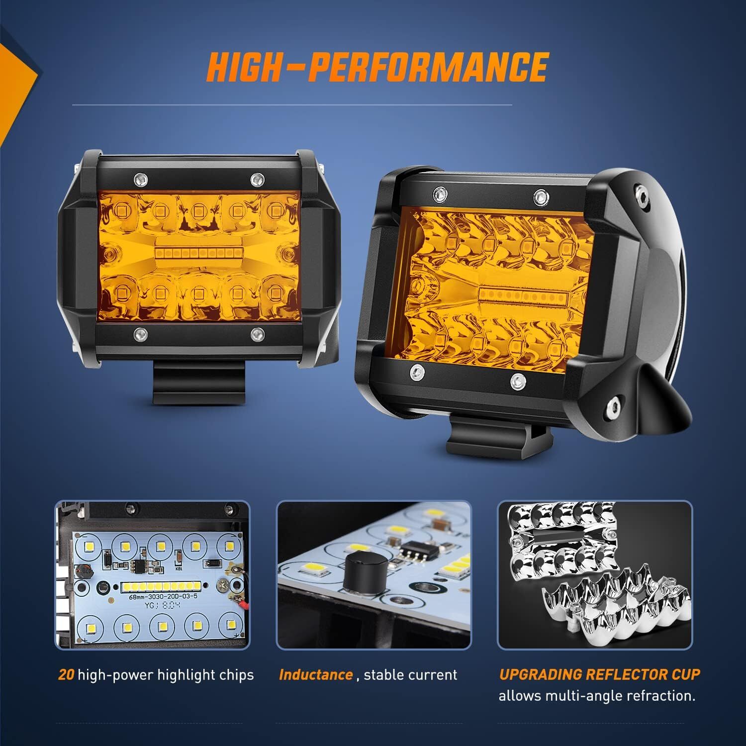 Nilight 2PC 4Inch Amber Led Pods Triple Row 60W Flood Spot Combo Fog Lights