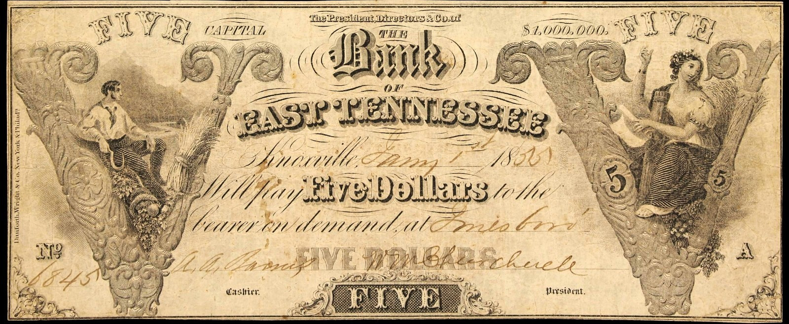 TN $5 JONESBORO The East Tennessee Bank Knoxville Jan. 1, 1855 Haxby TN-55 G98a