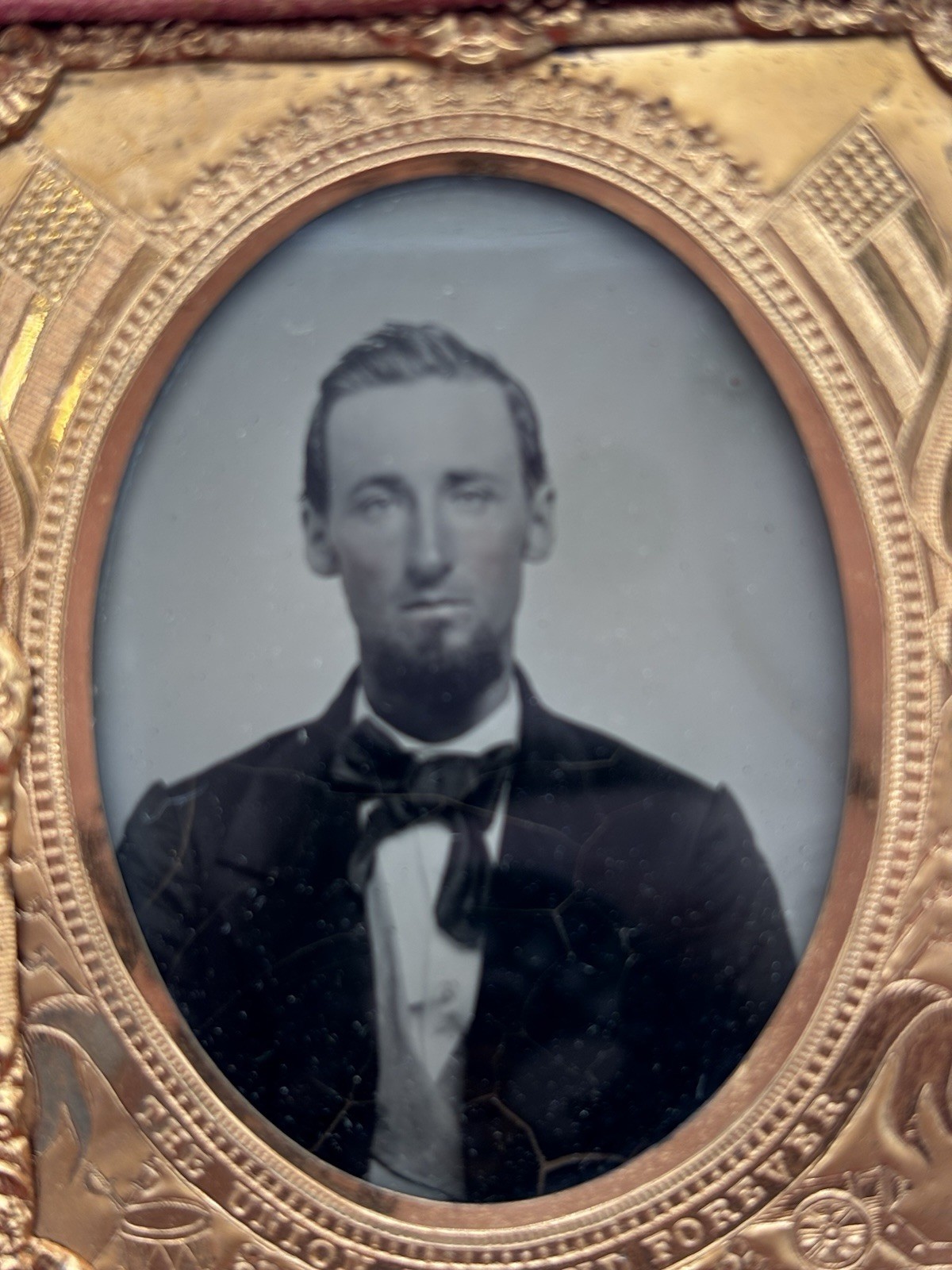 Antique Civil War Ambrotype Soldier “ The Union Now And Forever” Gold Frame Case