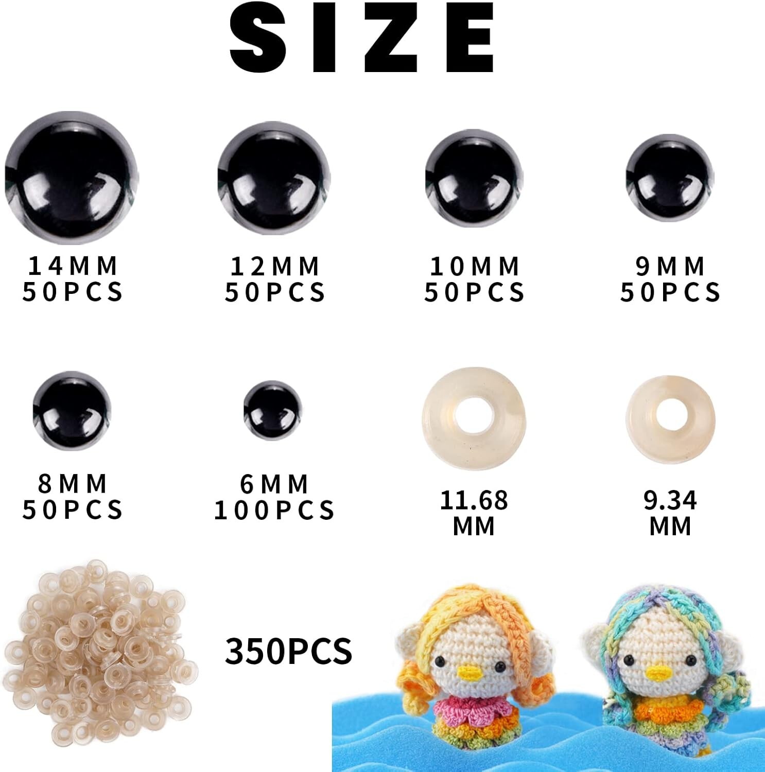 120 or 700 Pcs Black Plastic Crochet Safety Eyes with Washers for 6-14mm Stuffed