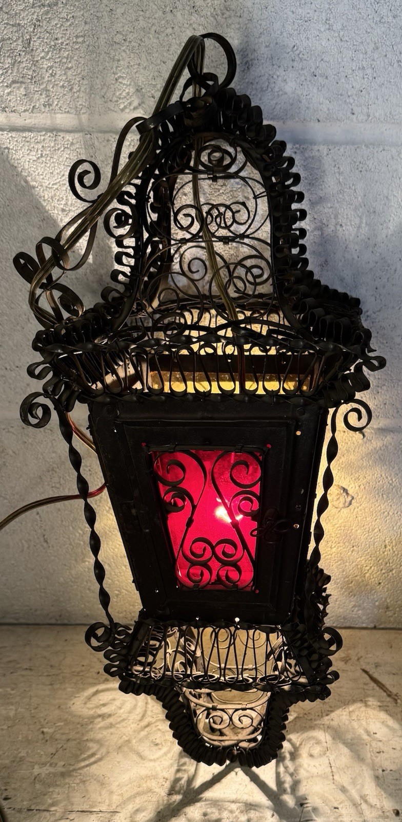 Antique Venetian Wrought Iron Lantern Hanging Electrified Light Gothic Italian