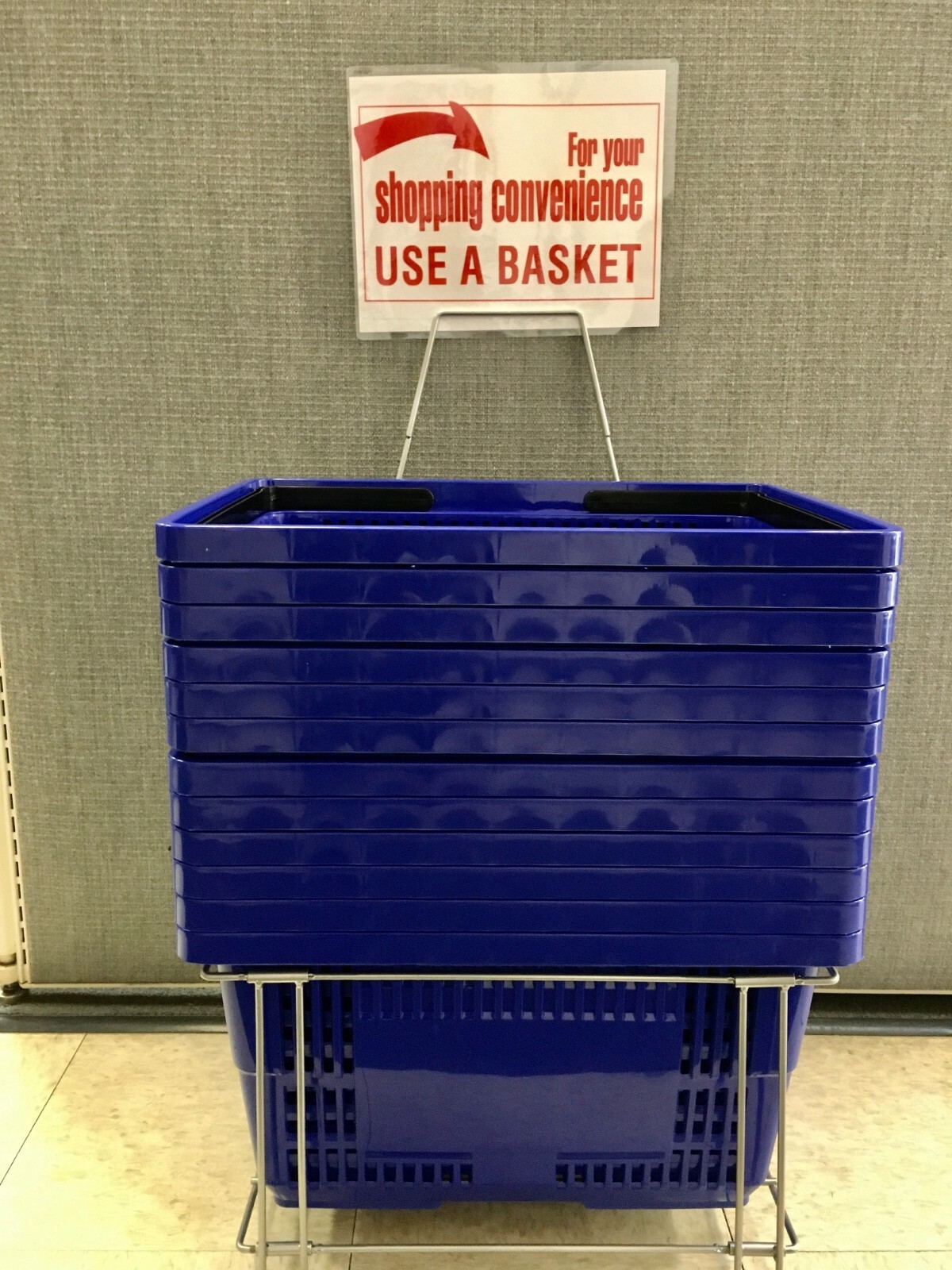 SHOPPING BASKETS "JUMBO SIZE" SET OF 12 WITH STAND/SIGN BLUE