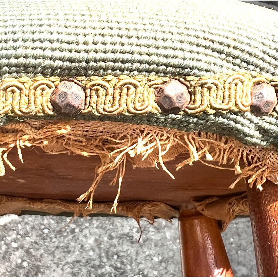 Vintage Needlepoint Footstool Floral Embroidery Wood Legs Oval Small Stool Read