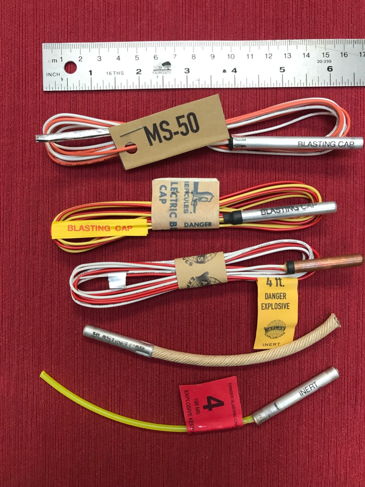 Set of 5 different inert blasting caps for mining display, movie prop, airsoft