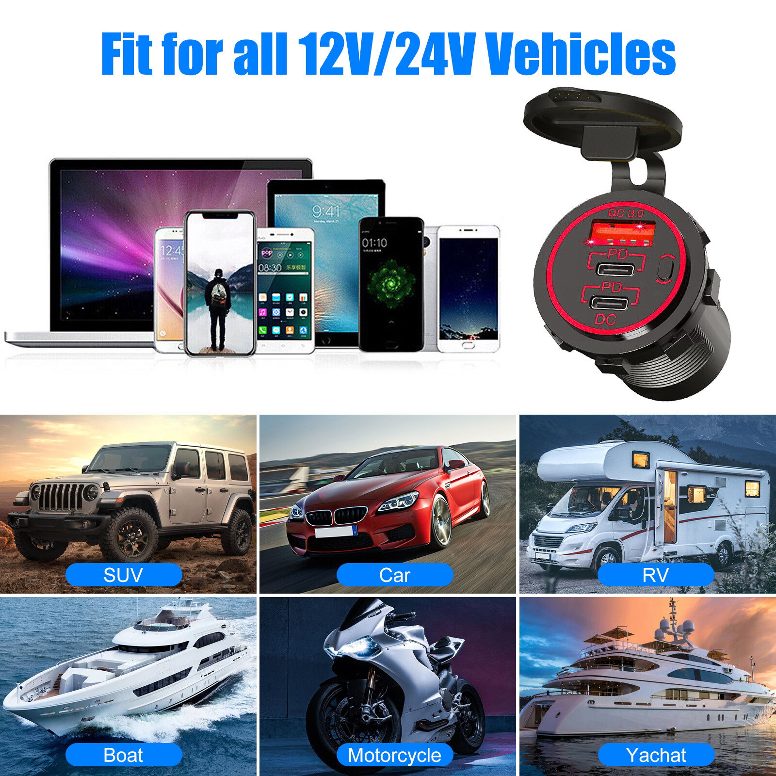 12-24V USB C 3 Port Fast Car Charger PD & QC3.0 Outlet Socket for Boat RV Marine